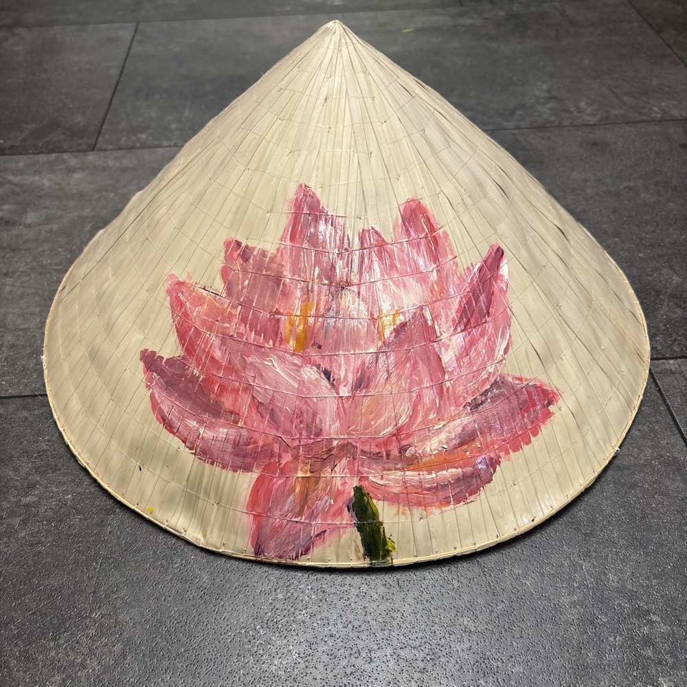 Genuine Vietnamese Asian Straw Palm & Bamboo Leaf Hand Painted Cone Stitched Hat